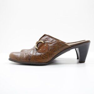 Romus Brown Embossed Leather 2.5" Heel Mules - 9.5/EU 40. Made in Spain